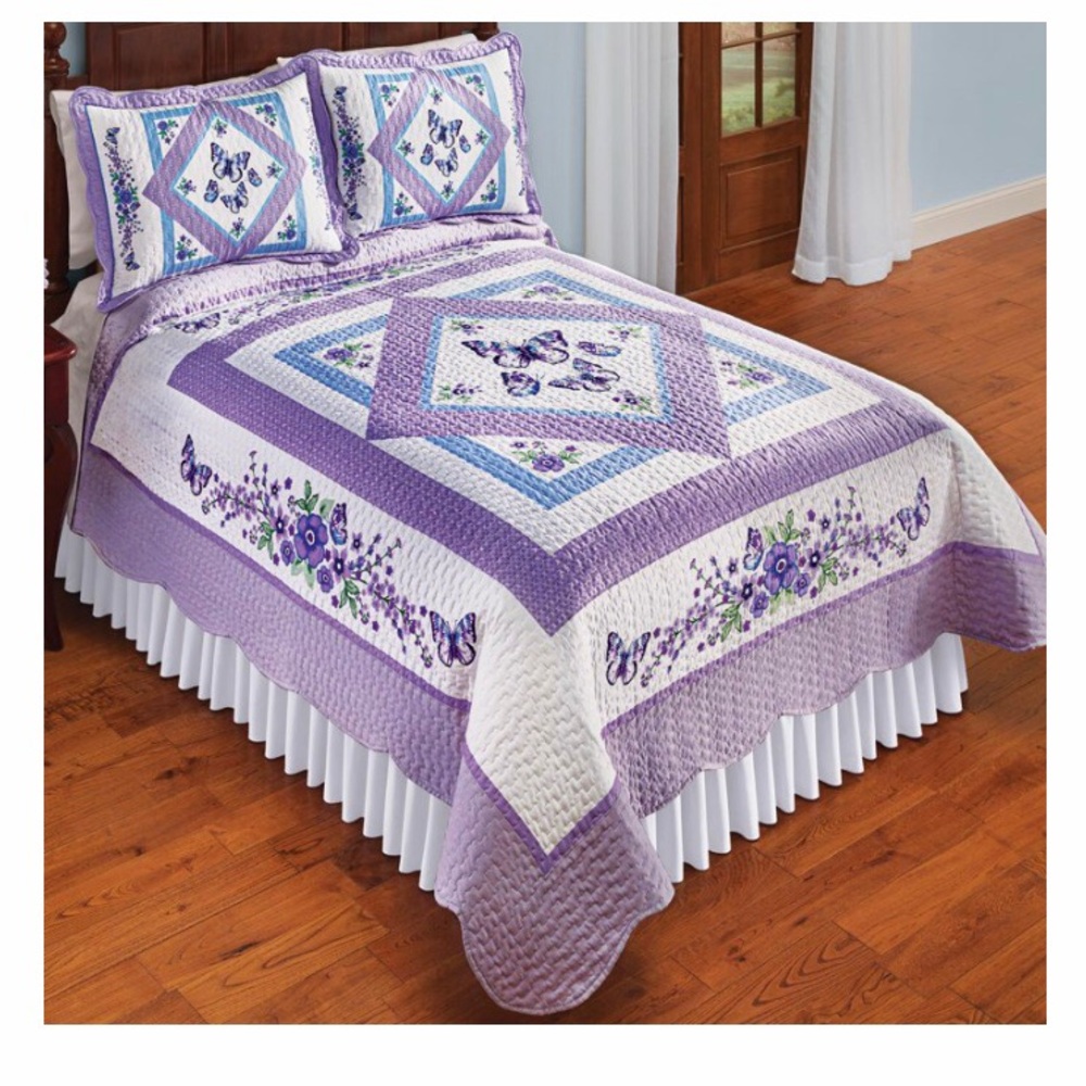 Purple,white and baby blue butterfly & diamond machine quilted bedcover Queen sz